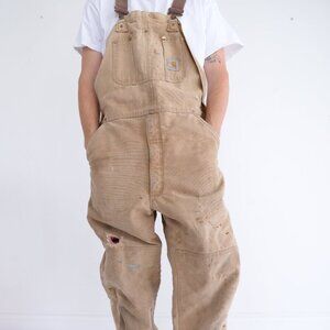 '06 Carhartt Distressed W/ Paint Splatter Tan Quilt Lined Overalls 40x36 USA
